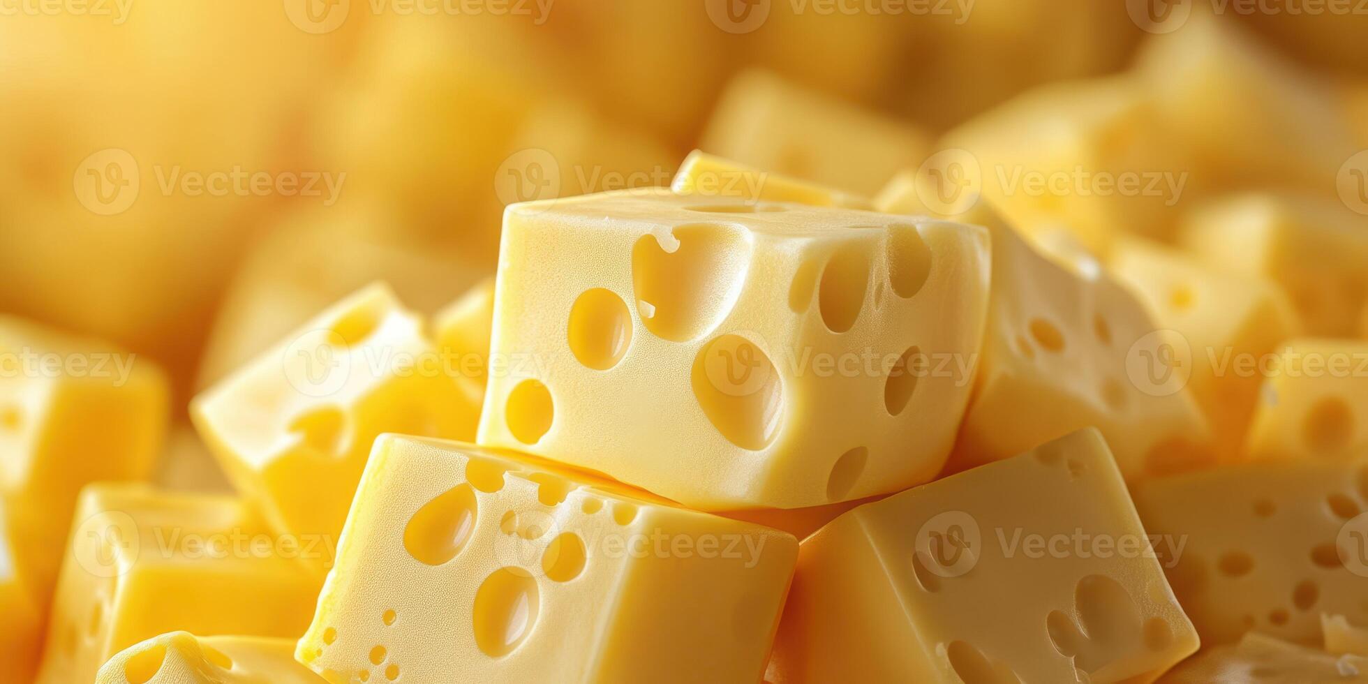 Cube-shaped yellow cheese pieces stacked together, showcasing texture and color in a warm setting photo