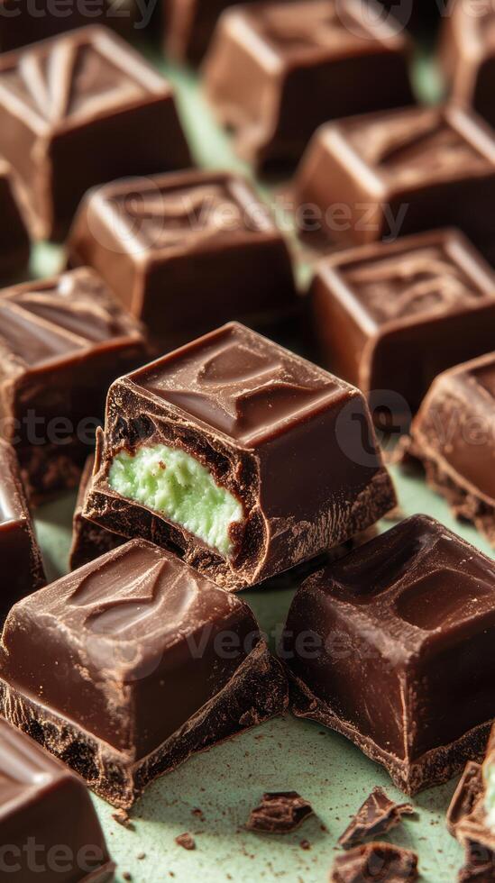 Mint-filled chocolate squares arranged on a green surface creating a tempting display of confectionery delight photo
