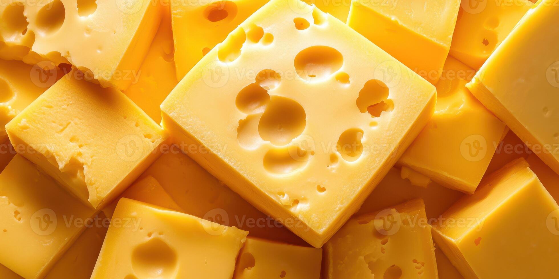 Blocks of cheese with holes stacked in a warm yellow light creating an appealing culinary display photo