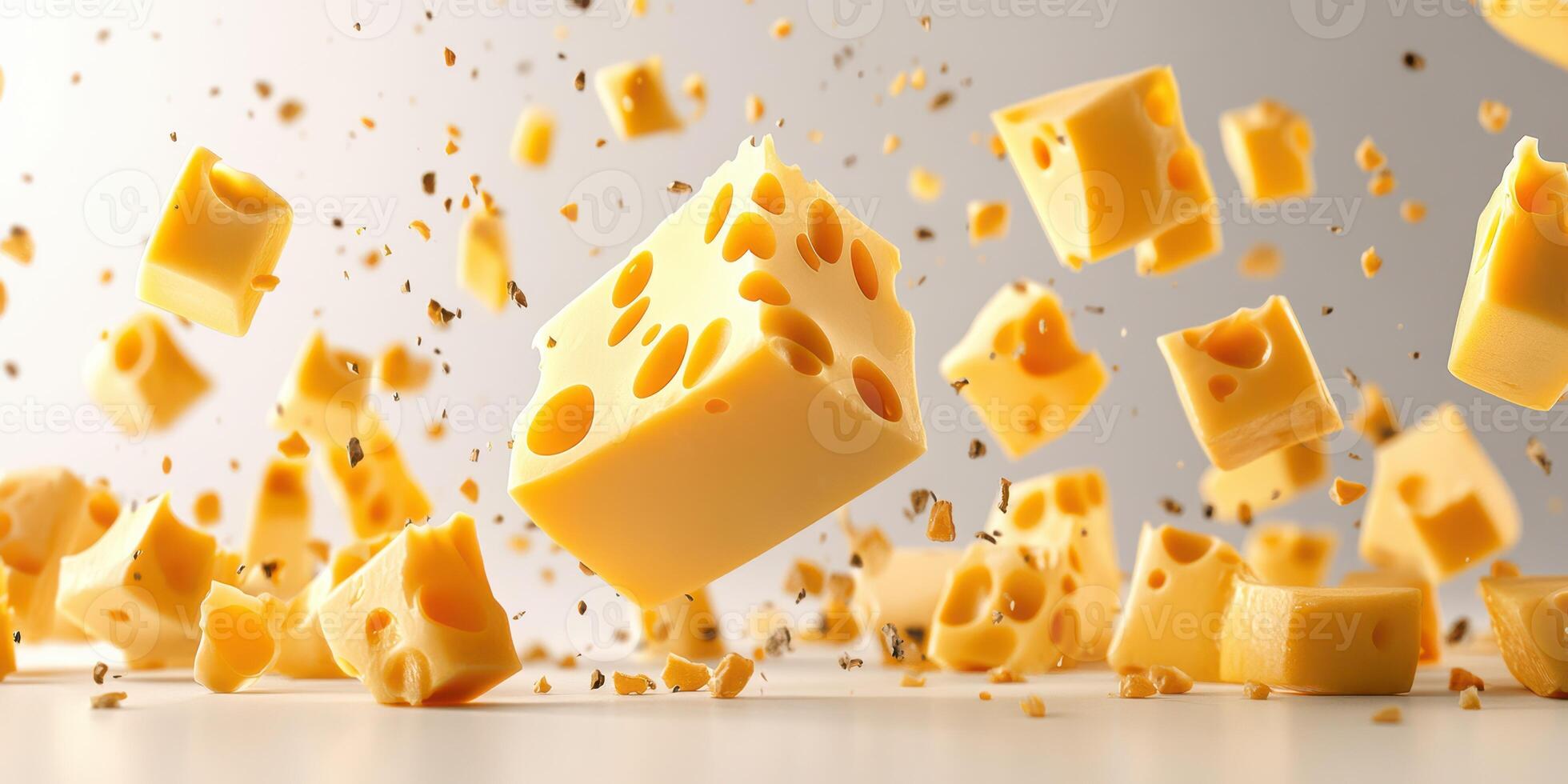 Cheese cubes falling and creating a playful arrangement against a light background photo