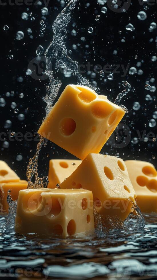 Cheese cubes splash into water creating dynamic movement and texture in a creative kitchen setting photo