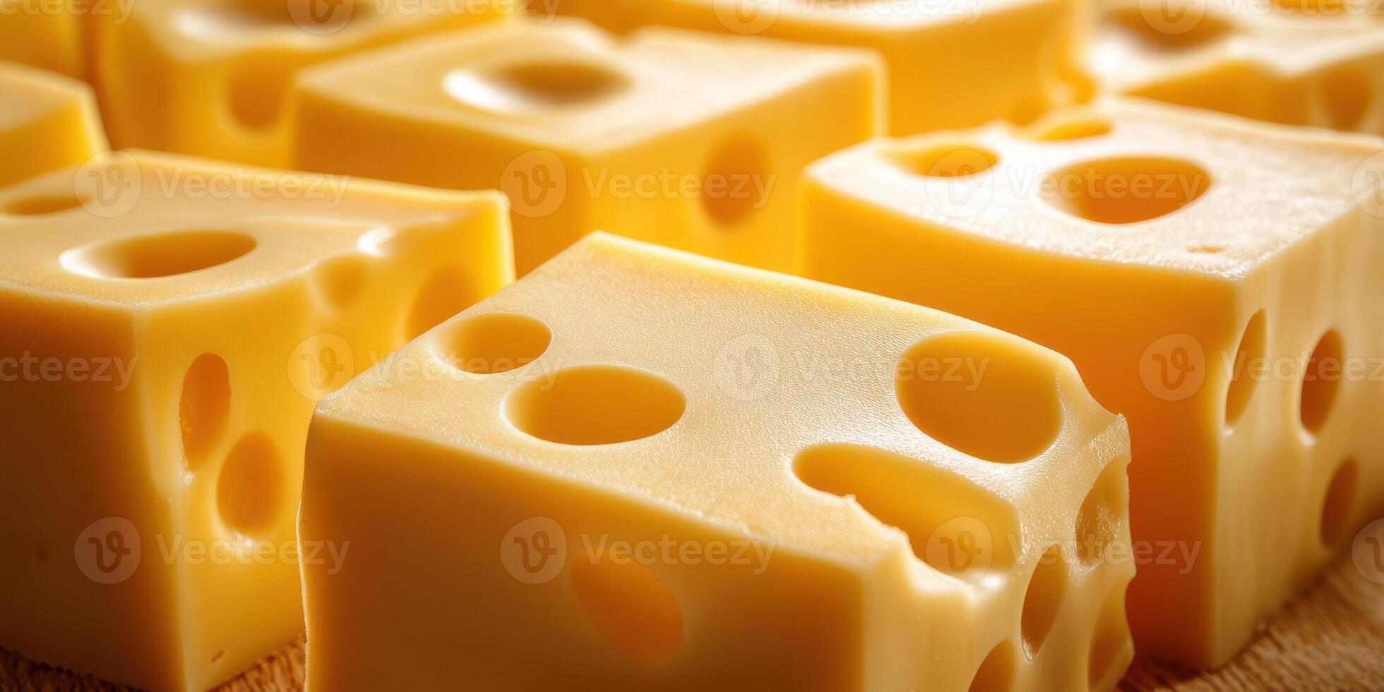 Delicious slices of cheese with holes arranged on a wooden board in a cozy kitchen setting photo
