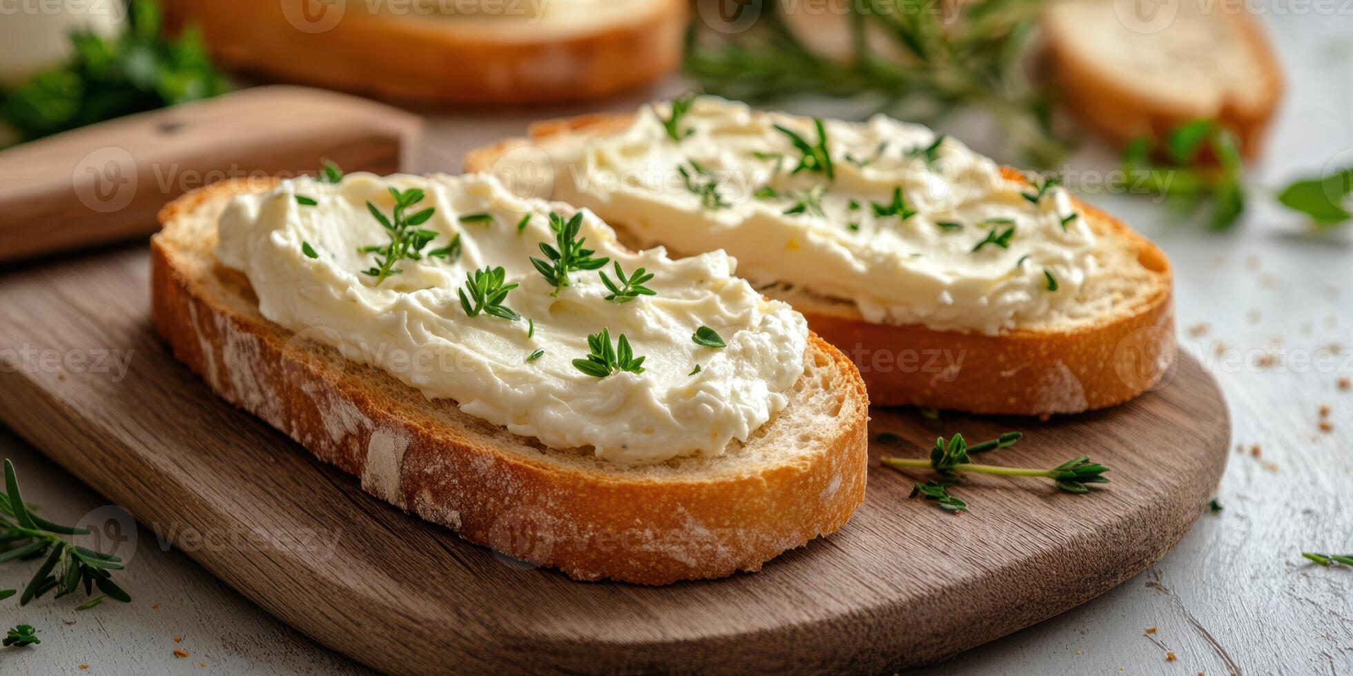 Creamy spread topped on rustic bread with fresh herbs at a cozy kitchen setting photo