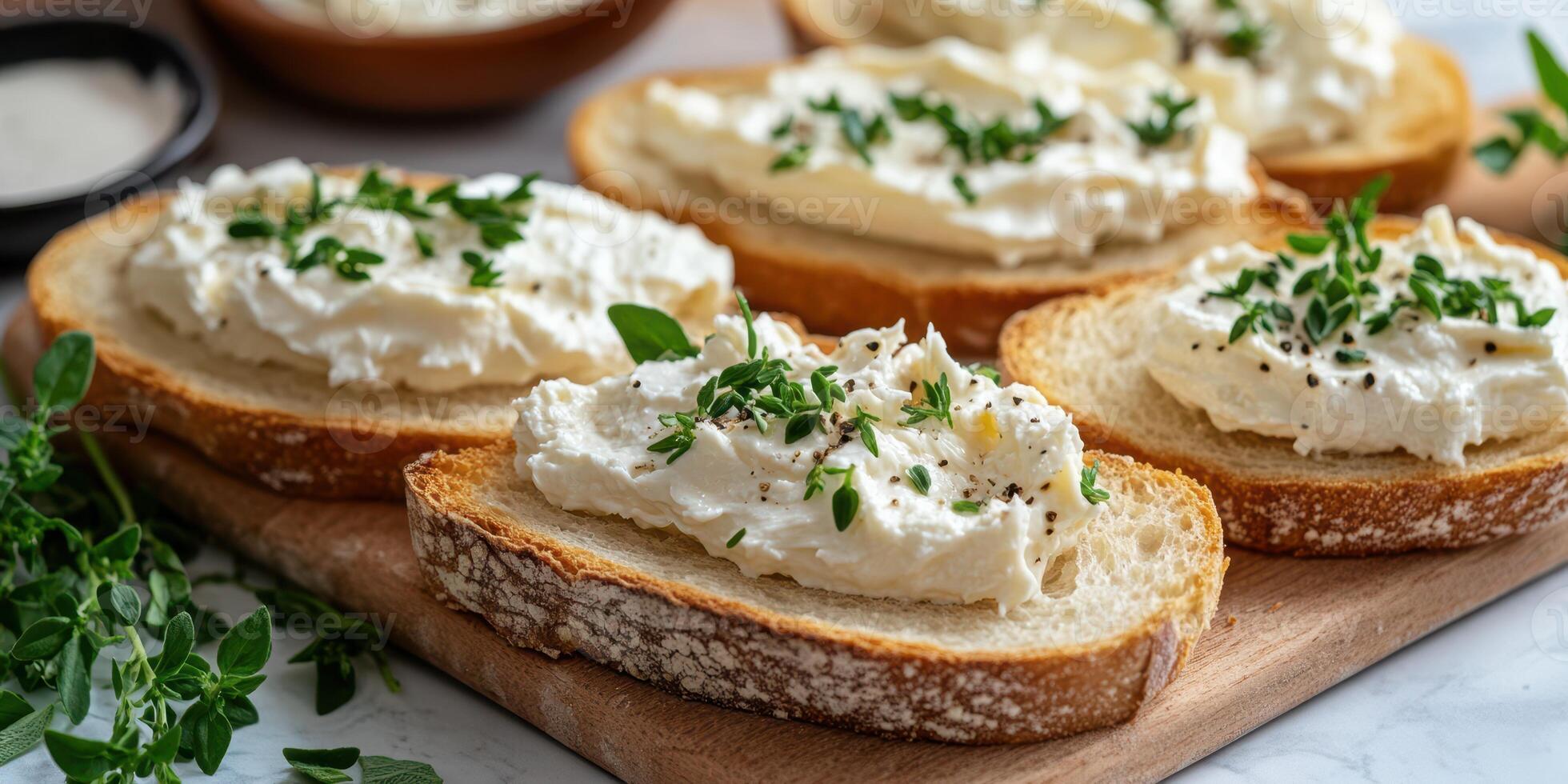 Creamy cheese spread on toasted bread topped with fresh herbs in a cozy kitchen setting photo