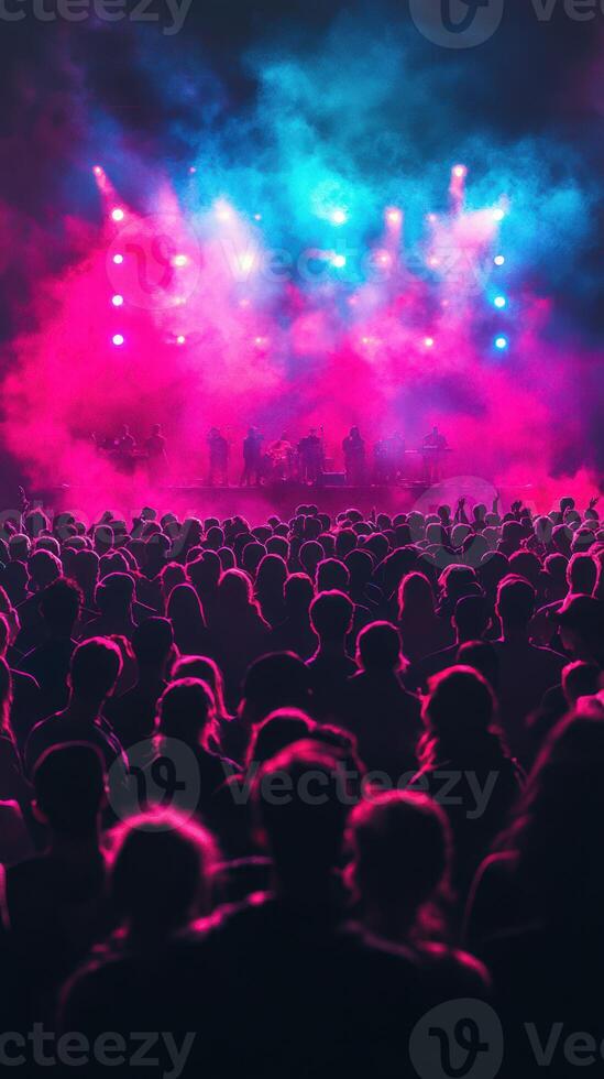 Crowded concert with vibrant lights and fog creating an energetic atmosphere in the evening photo