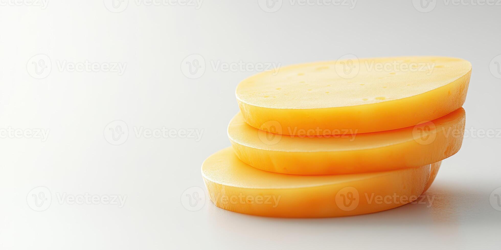 Sliced cheese stacked on a plain surface showcasing texture and color photo