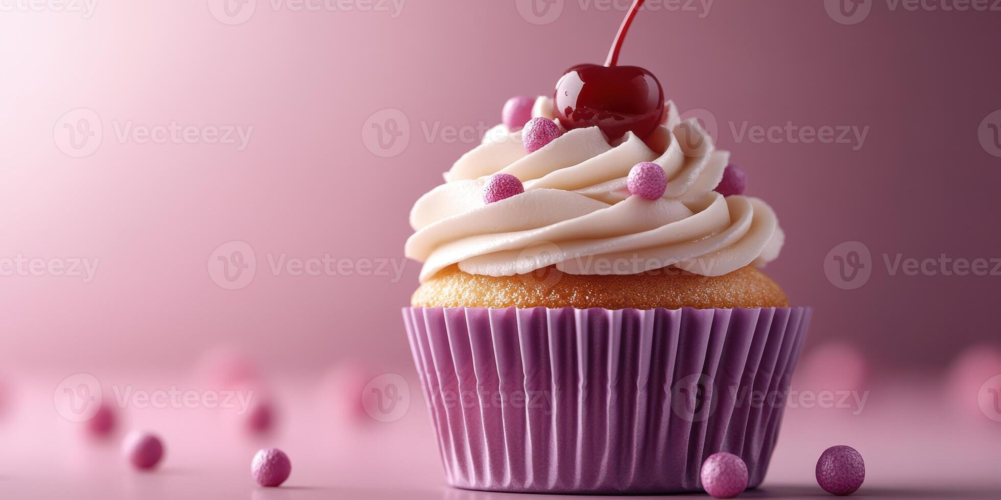 Delightful cupcake with creamy frosting and cherry placed on a pastel background ideal for dessert lovers photo