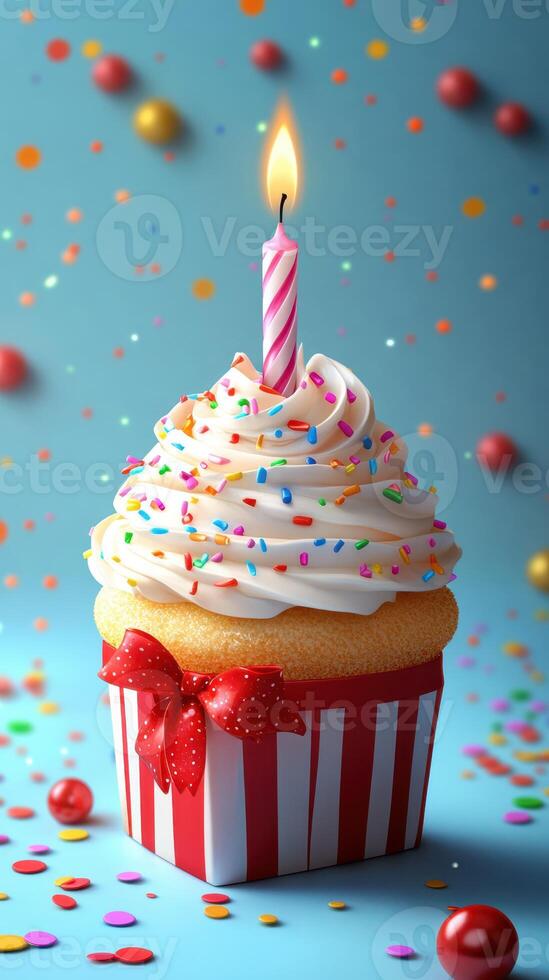 Colorful cupcake with a candle and sprinkles surrounded by festive decorations photo