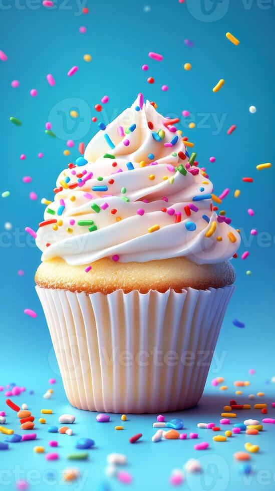 Colorful cupcake topped with fluffy white icing and vibrant sprinkles against a blue background photo
