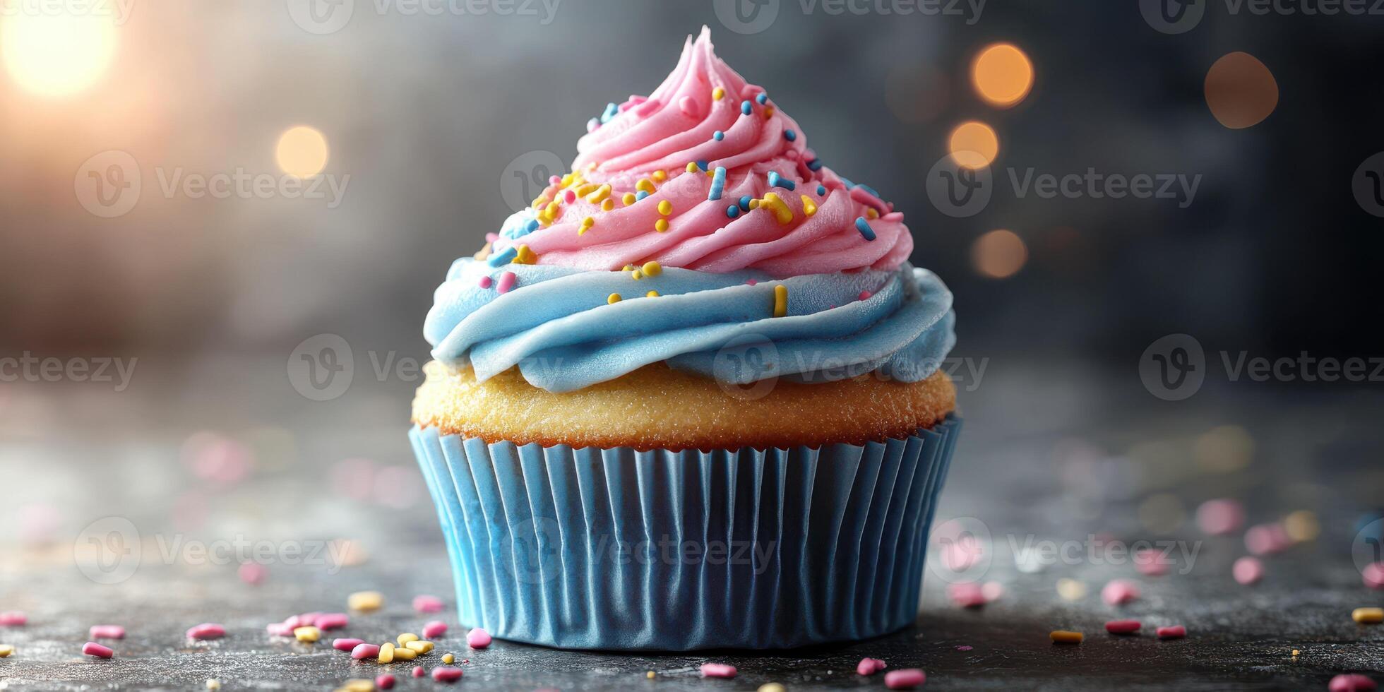 Colorful cupcake with blue and pink frosting displayed on a festive table with a bokeh background photo