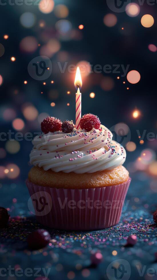 Delicious cupcake with festive decoration and candle shining brightly during a celebration photo