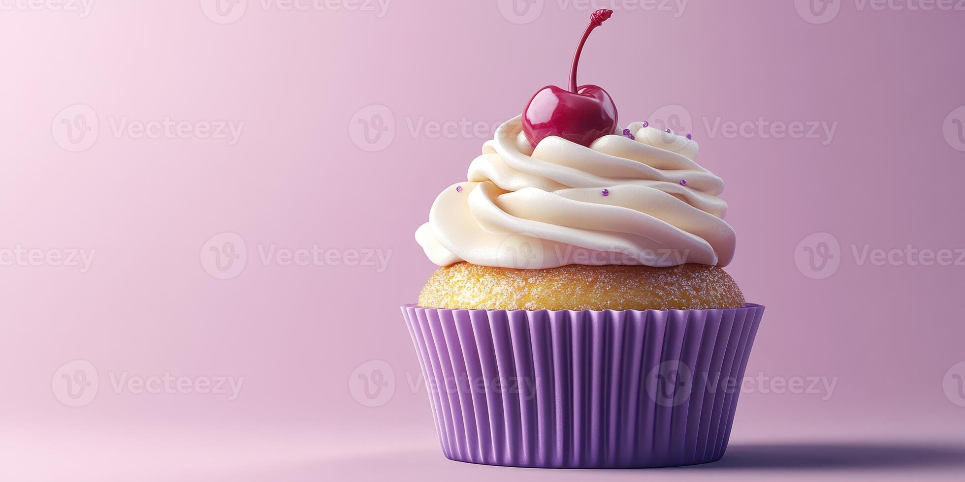 Delicious cupcake topped with creamy frosting and a cherry, presented against a soft purple background photo