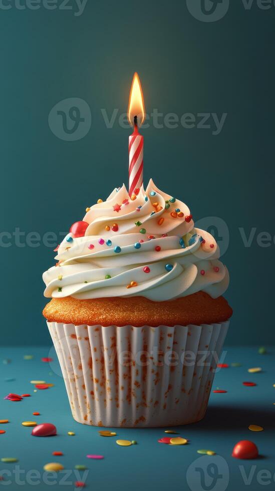 Festively decorated cupcake with a single candle on top surrounded by colorful sprinkles on a teal background photo
