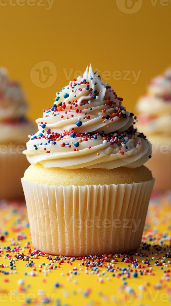 Sweet cupcakes topped with creamy frosting and colorful sprinkles on a vibrant yellow background photo