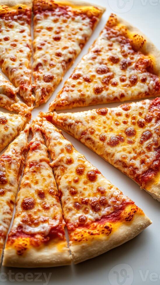 Cheese pizza cut into triangular slices on a white surface during bright daylight photo