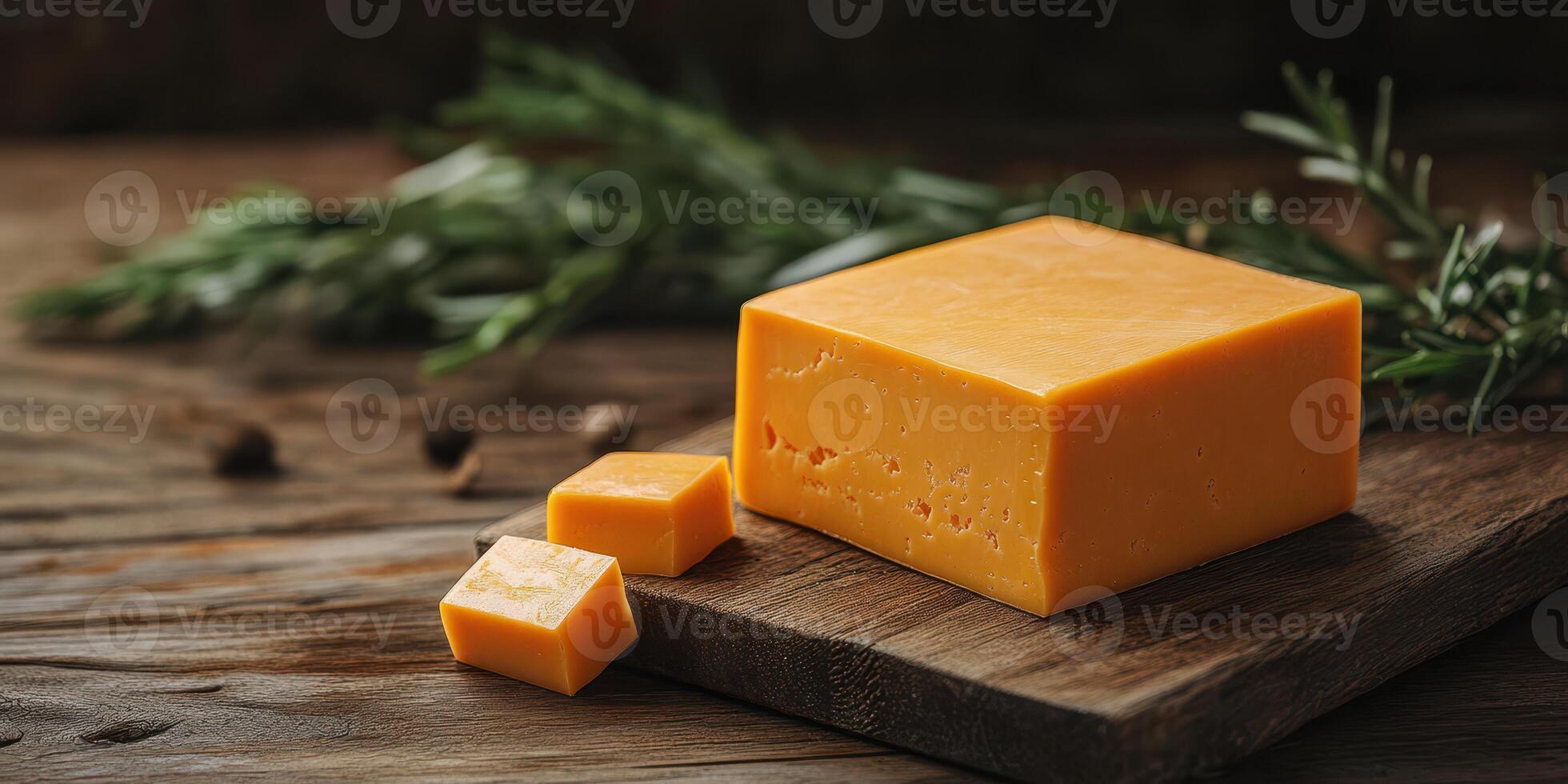 Block of sharp cheddar cheese displayed on wooden cutting board with fresh herbs on rustic table photo