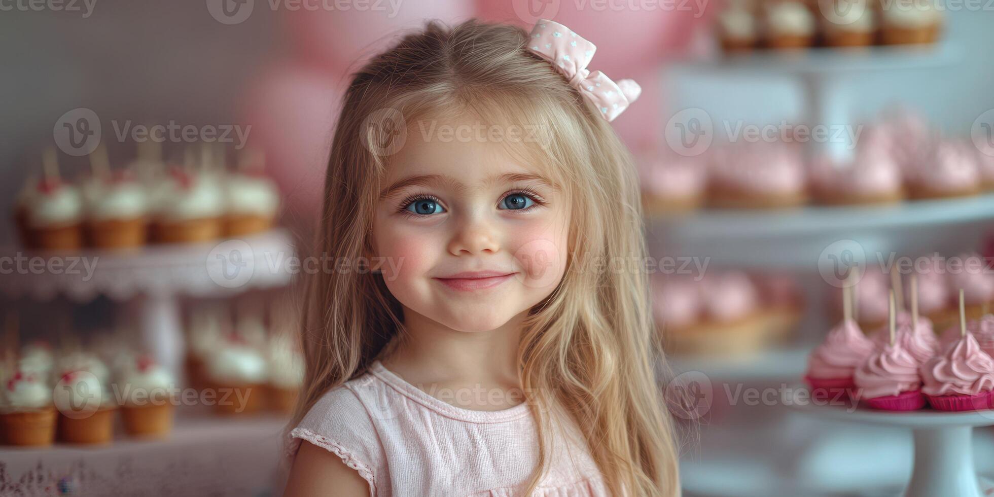 Little girl smiling with pink cupcakes in the background at a birthday celebration photo