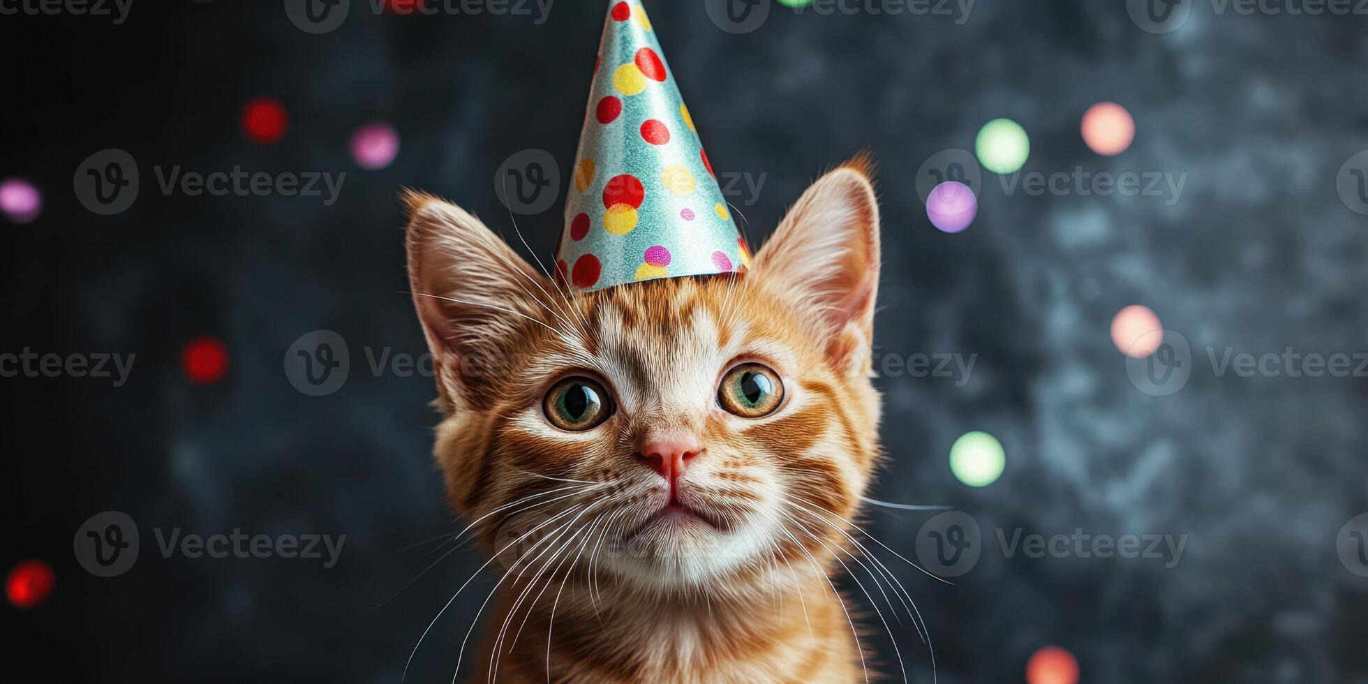 Cute orange kitten wearing a party hat against a colorful bokeh background celebrating a joyful occasion photo