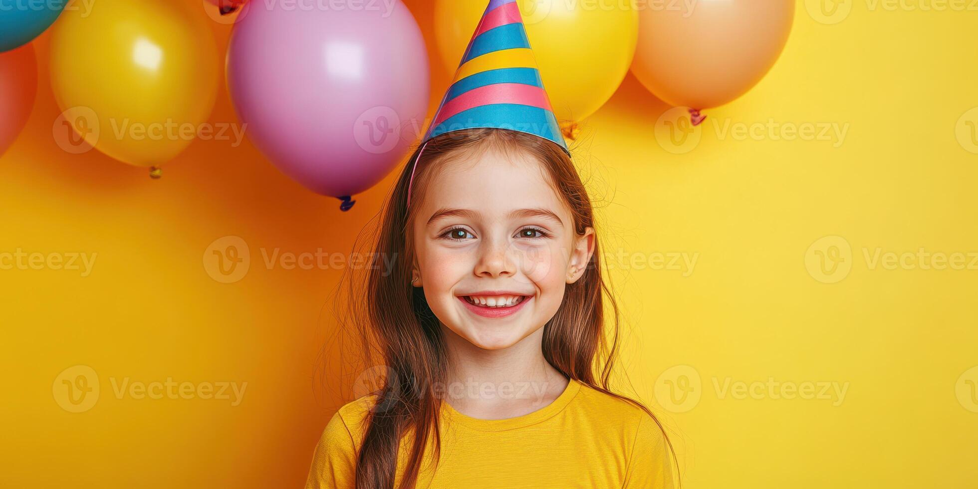 Happy child celebrating a birthday with colorful balloons and a party hat against a bright yellow background photo