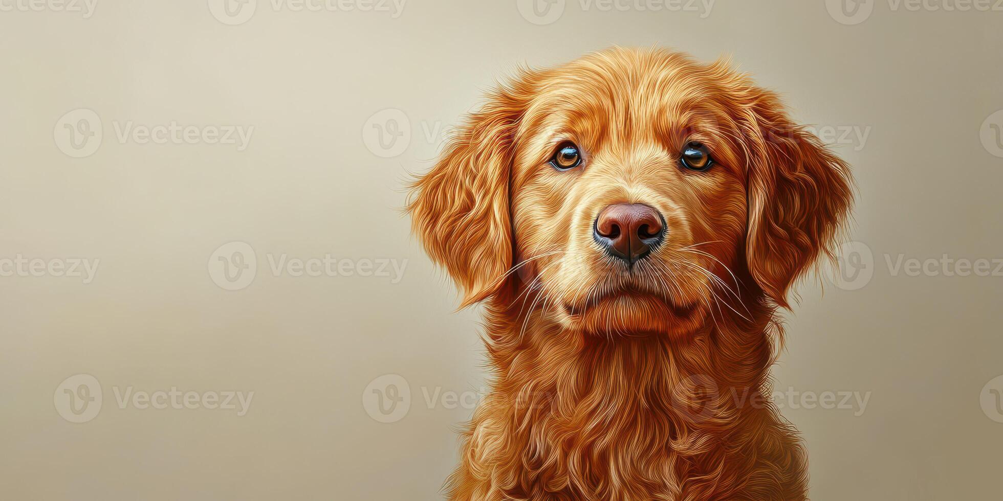 Golden retriever with expressive eyes posing against a neutral background showcasing its friendly demeanor and fluffy coat photo