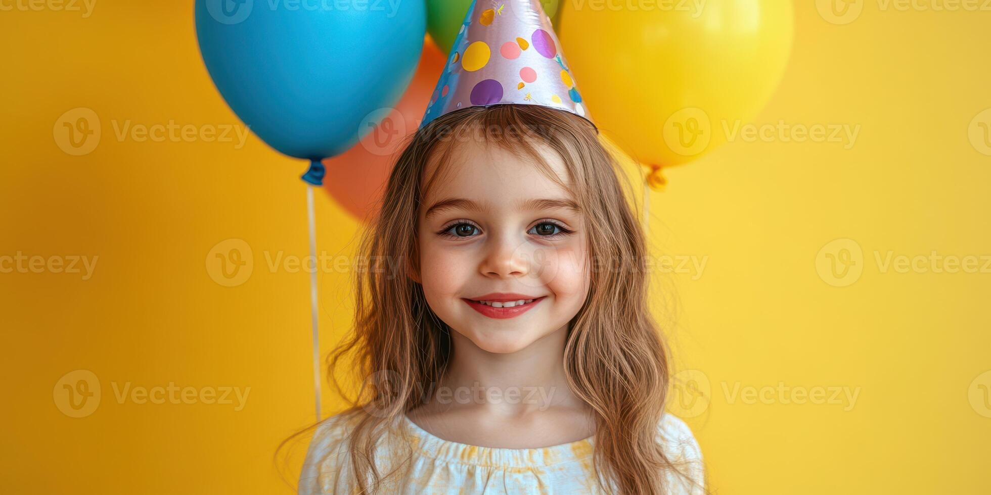 Celebrating a joyful birthday with colorful balloons and a party hat in a bright yellow setting photo