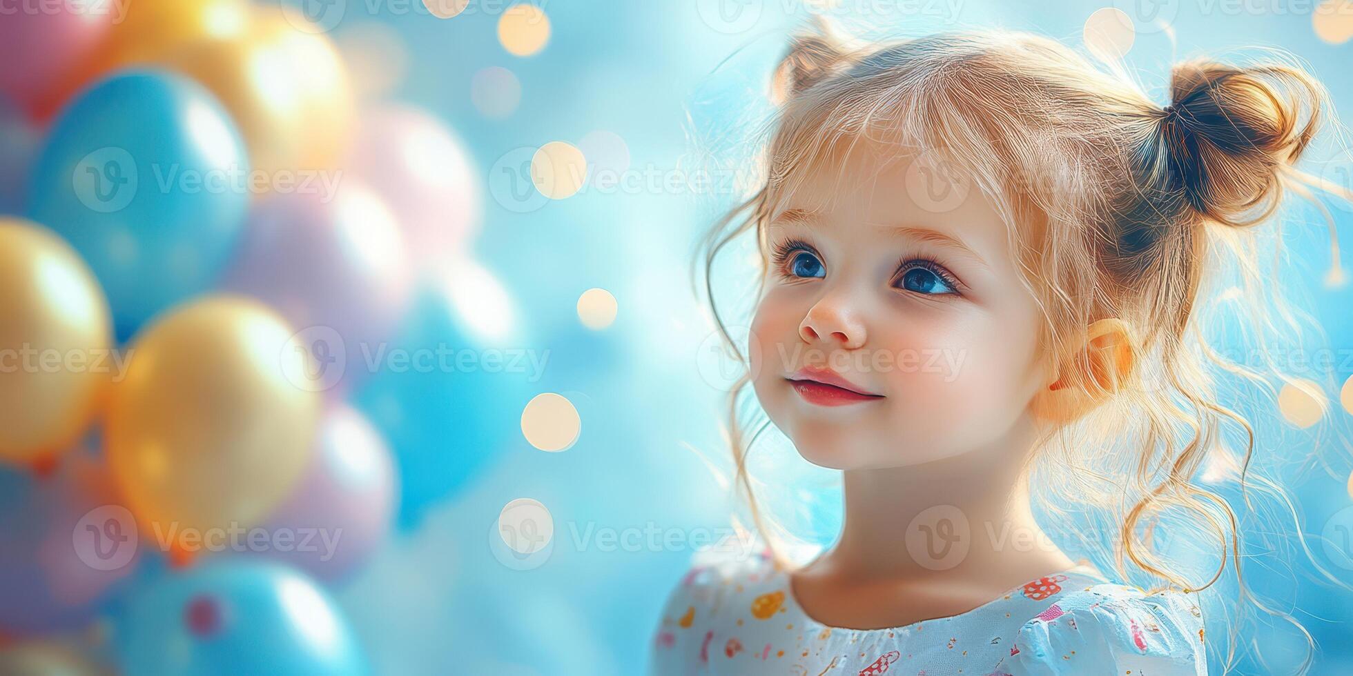 Young girl smiles while gazing at colorful balloons in a bright setting during a celebration photo