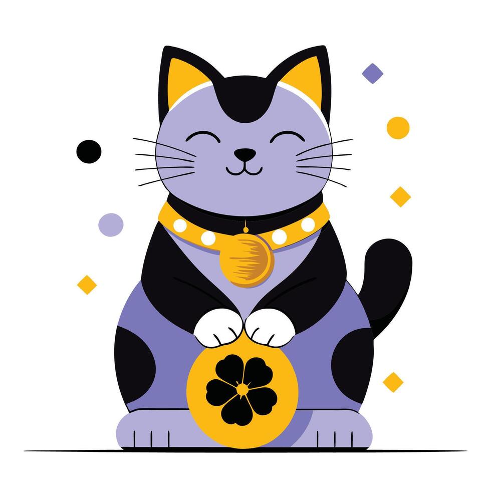 Concept Illustration of a Waving Lucky Cat with Prosperity Symbols vector