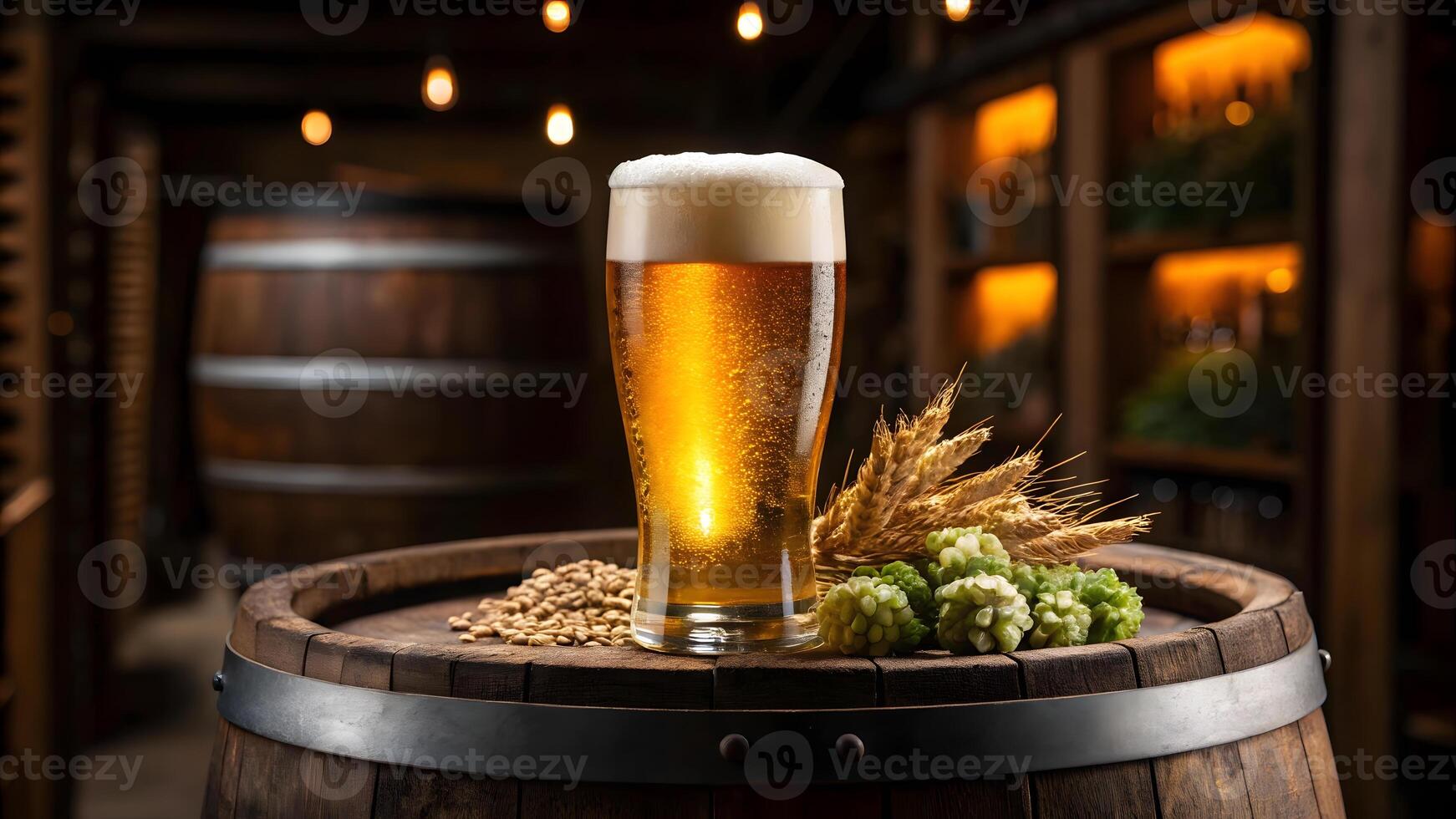 Glass of beer with barley and hops on wooden barrel in brewery setting. photo