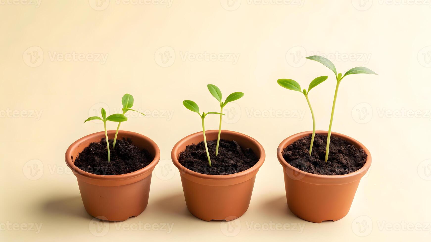 Three small seedlings growing in brown pots on light beige background. photo