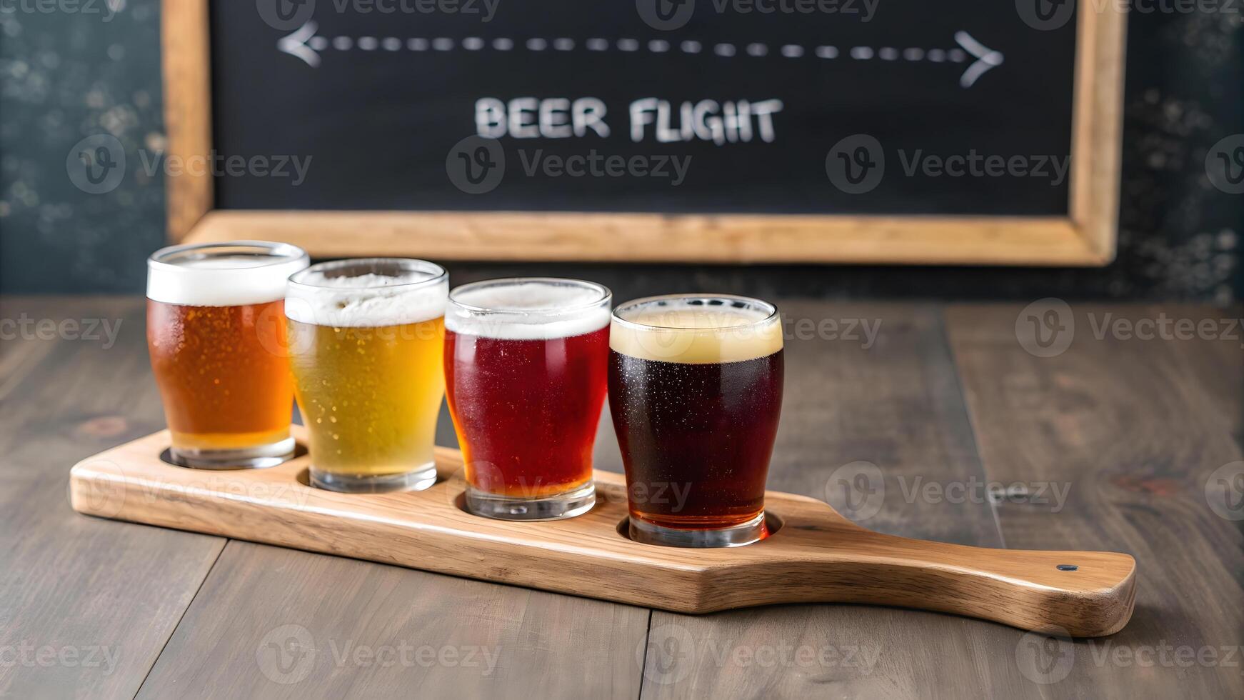 Beer flight with four colorful glasses on wooden paddle. photo