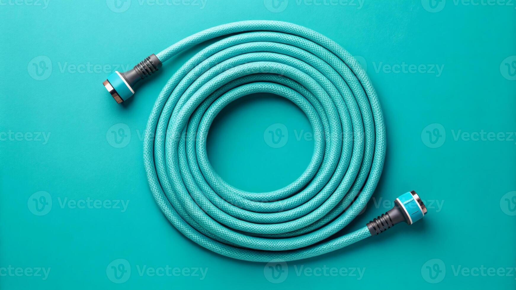 Coiled turquoise garden hose on solid teal background. photo