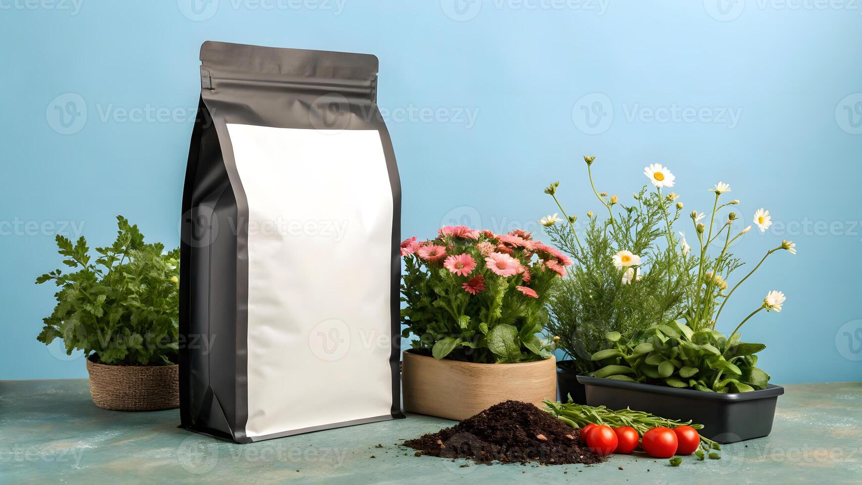 Gardening supplies with plants and soil on a blue background. photo