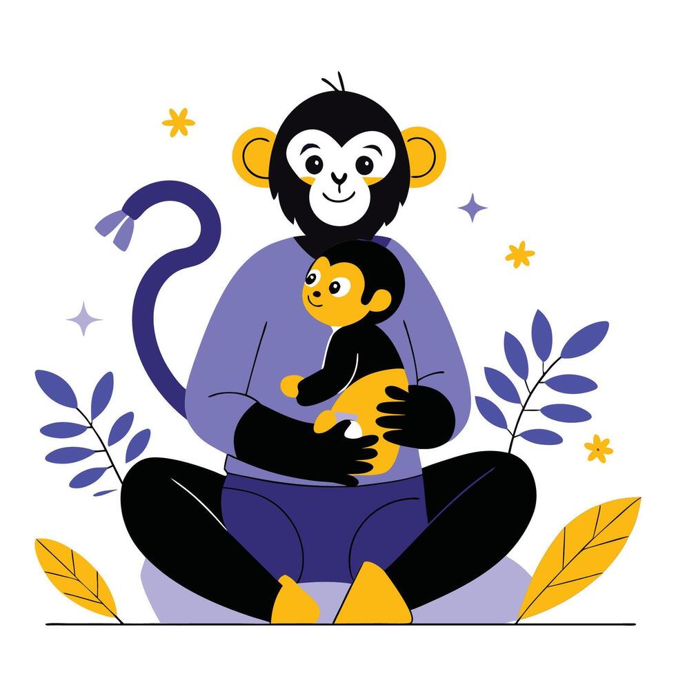 Adoring Mother Monkey and Her Precious Baby Engage in Tender Embrace vector