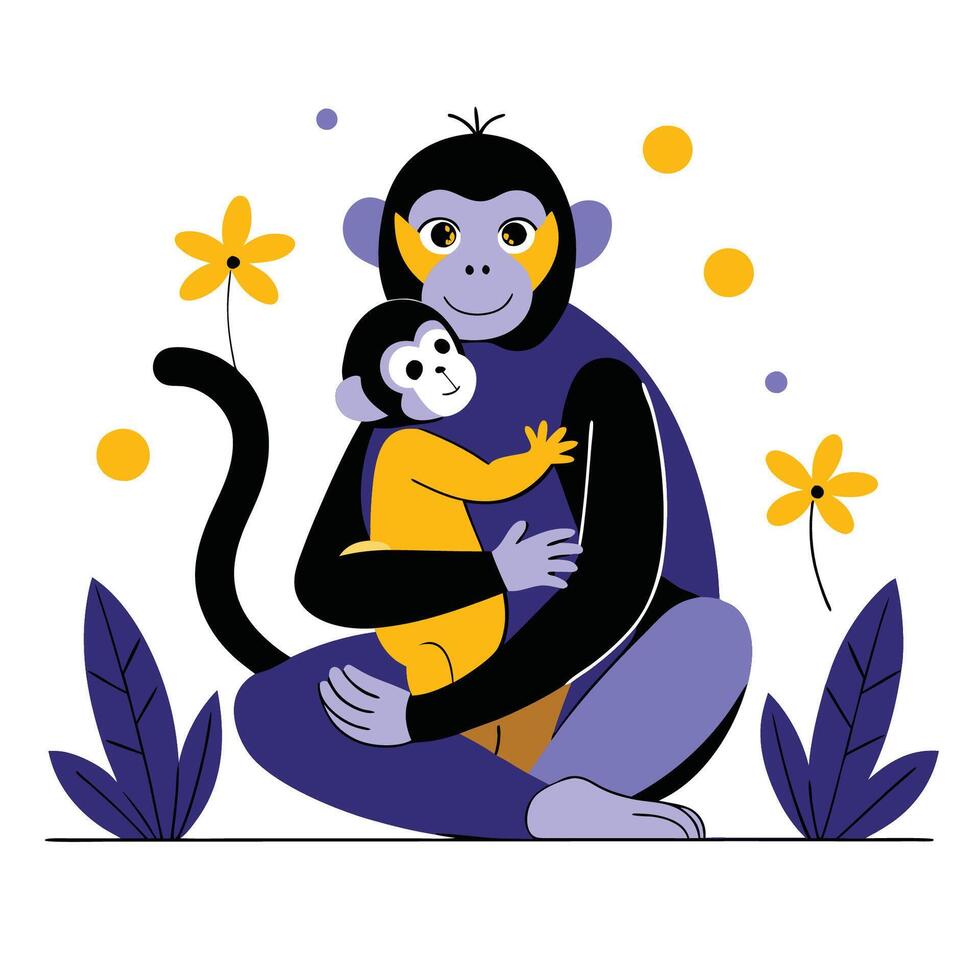 Adorable Mama and Baby Monkey Bonding in a Serene Moment vector
