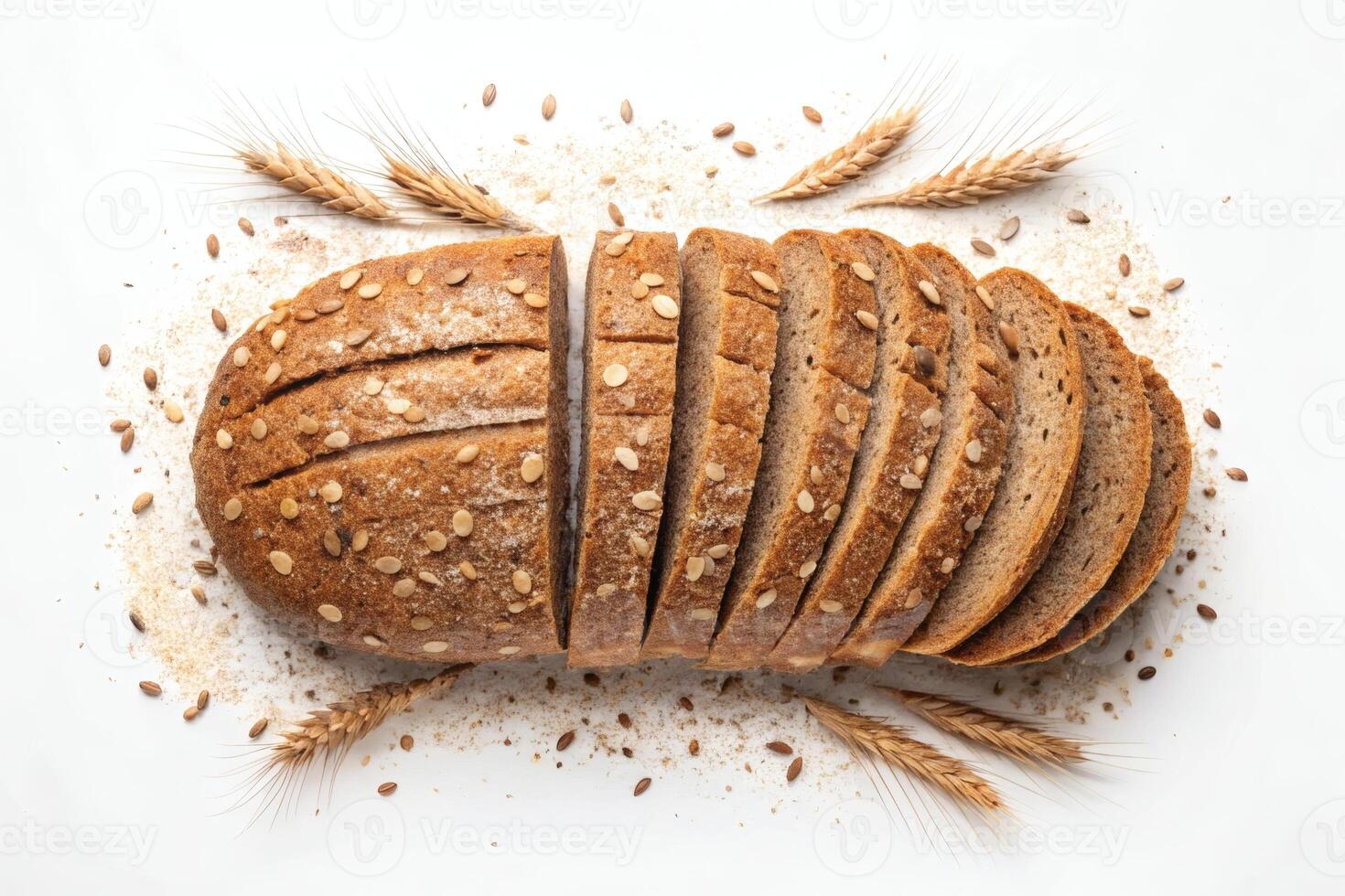 Sliced whole-grain bread with wheat and seeds. photo