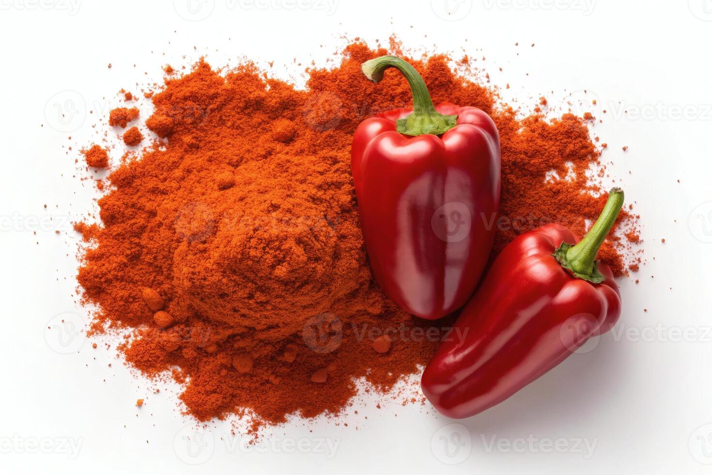 Red paprika peppers and ground paprika powder on white background. photo