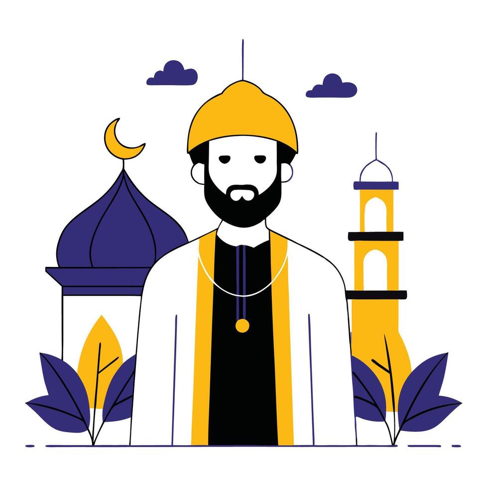 Thoughtful Muslim Man in Traditional Garb Engaged in Deep Contemplation vector