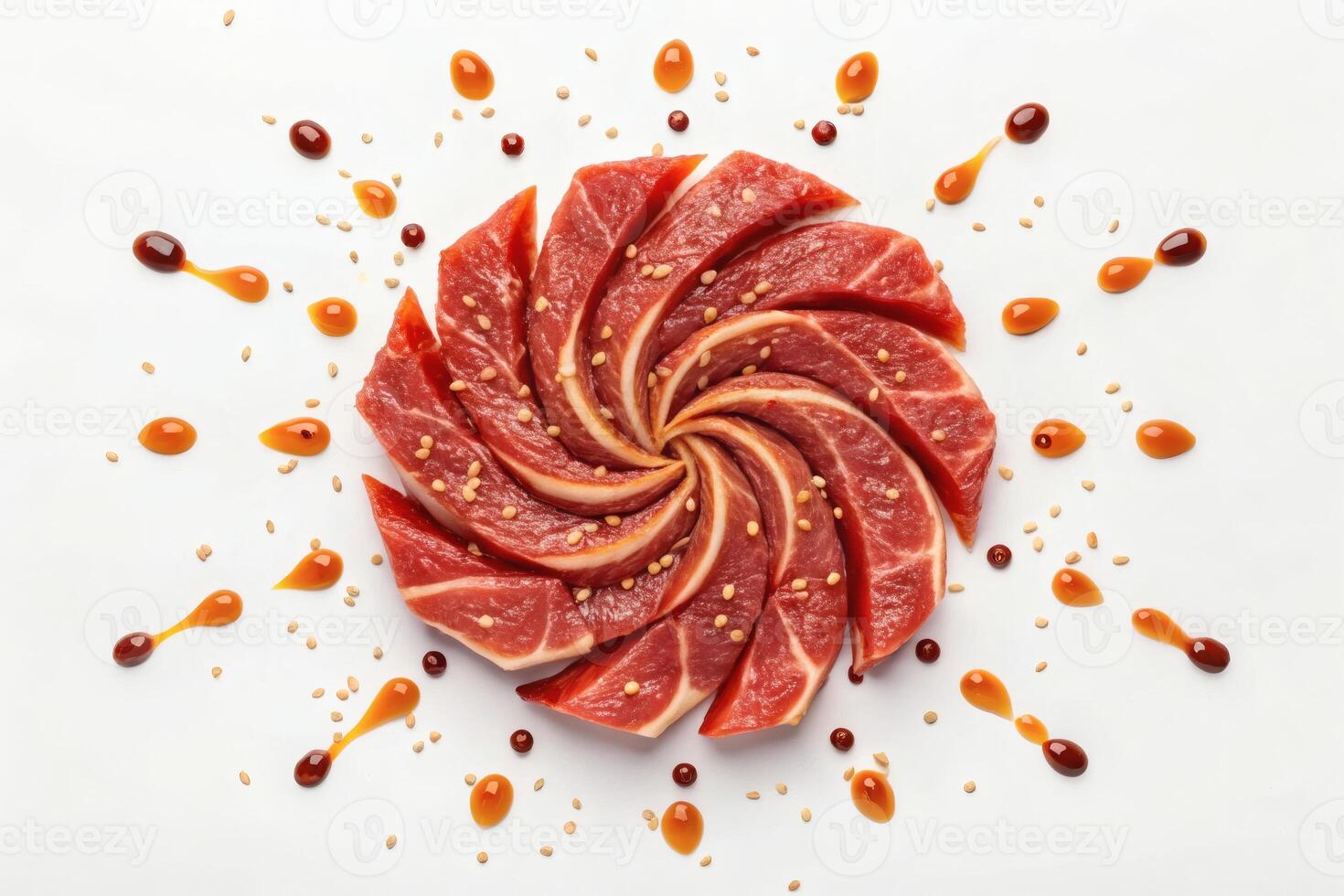 Fresh raw meat slices arranged in spiral pattern with sauces and sesame seeds. photo