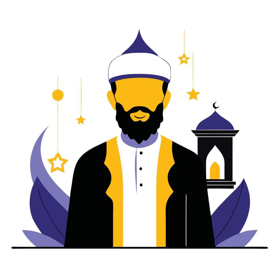 Contemplative Muslim Man Wearing A White Cap Illustrating Contemplation and Spirituality vector