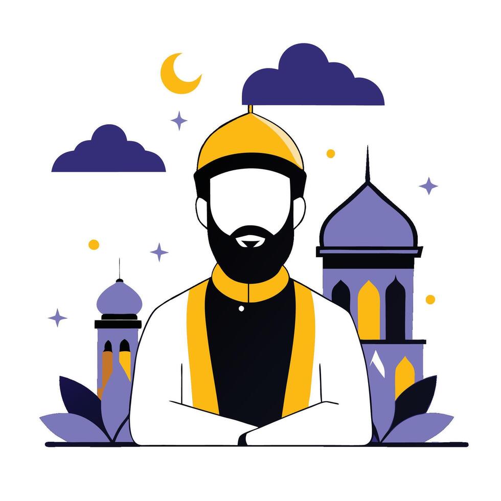Muslim Man in Contemplation A Serene Illustration Depicting Religious Reflection vector