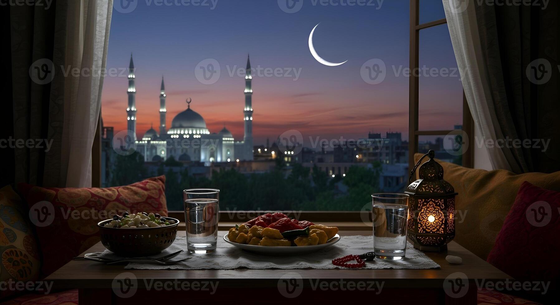 A peaceful iftar table, with mosque view at dusk and crescent in Holy Ramadan month 06 photo
