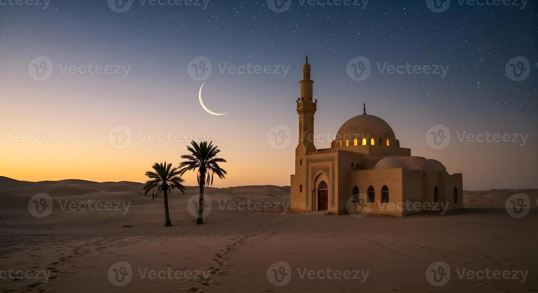 A peaceful desert scene, with mosque view at dusk and crescent in Holy Ramadan month 01 photo