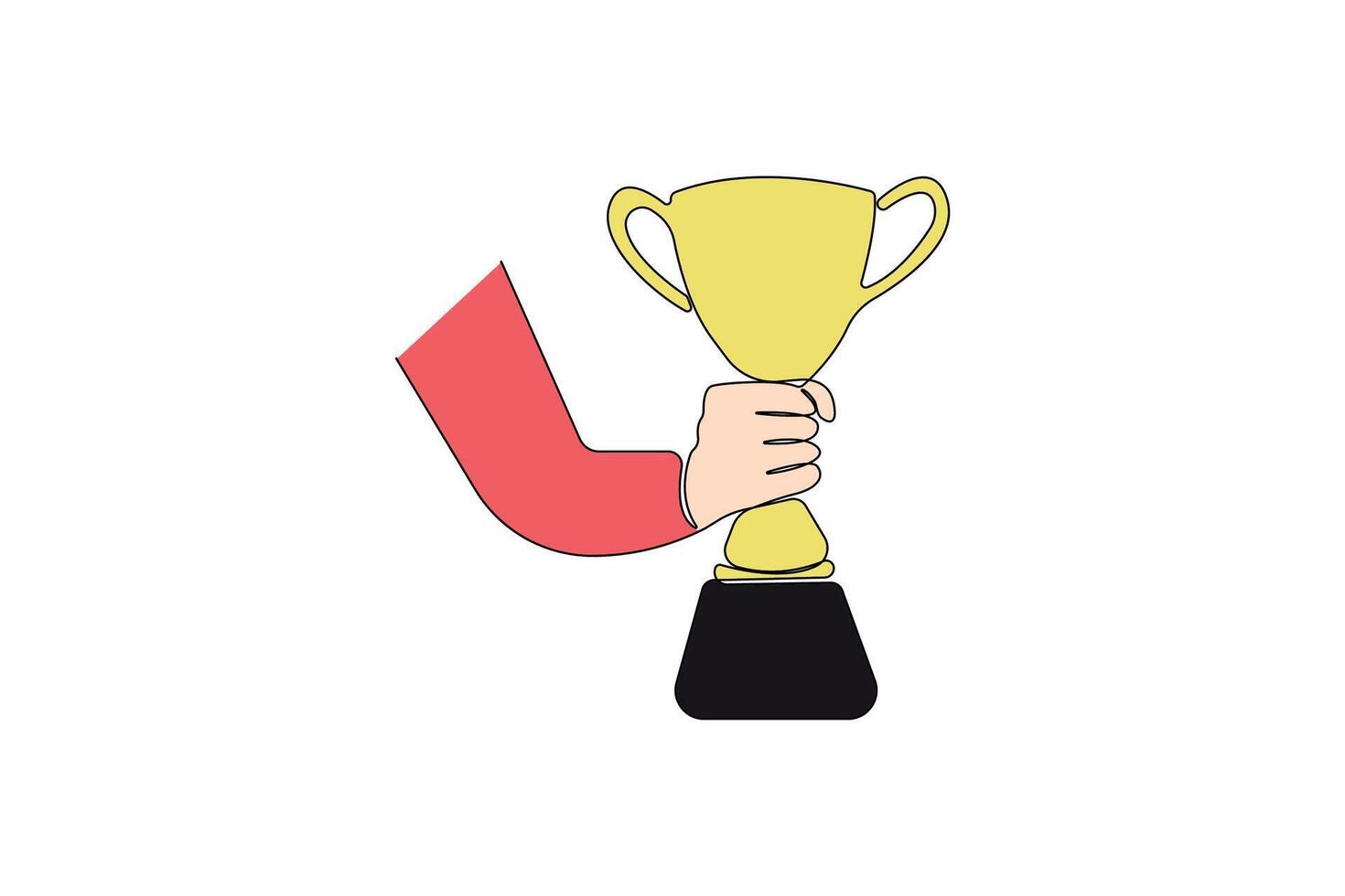Hand holding winner trophy one-line art drawing. vector