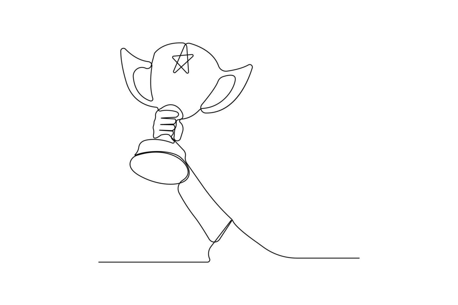 Hand holding winner trophy continuous line art drawing. vector