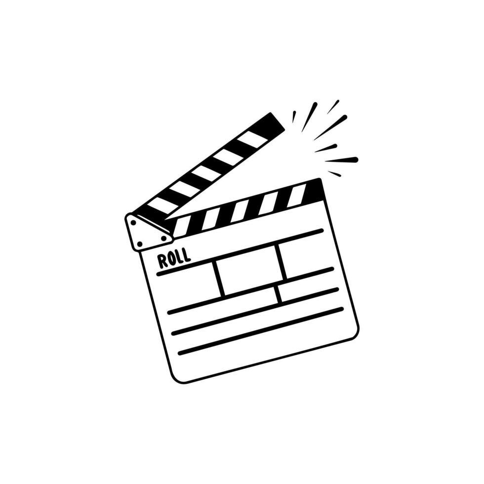 The board claps to start the action. Movie clapperboard doodle icon. vector