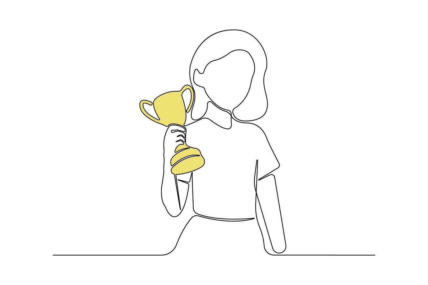 Young girl holding the trophy one-line art drawing. vector