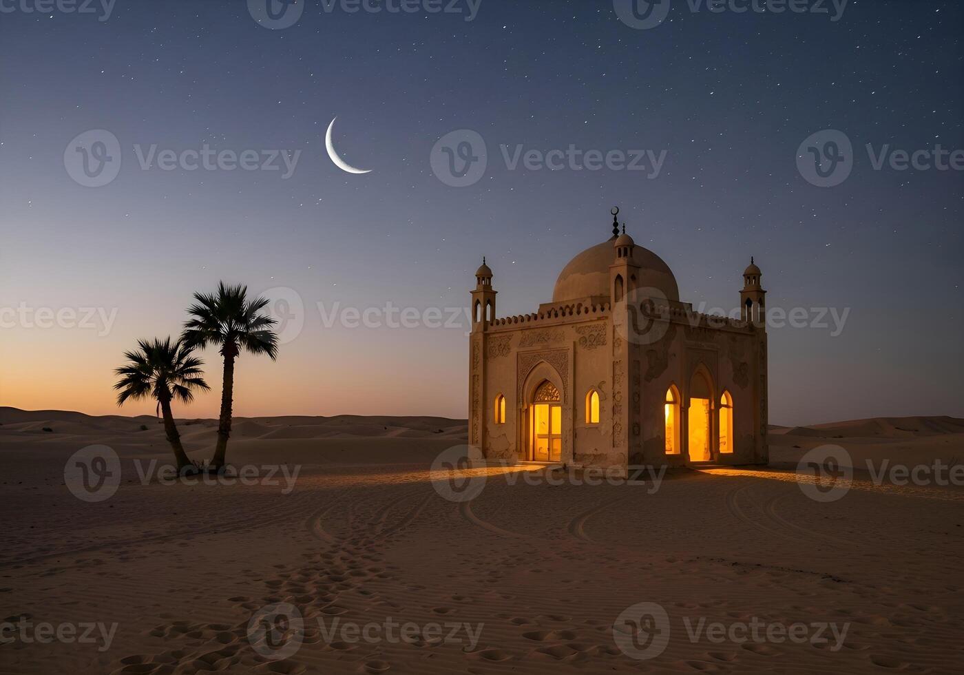 A peaceful desert scene, with mosque view at dusk and crescent in Holy Ramadan month 07 photo