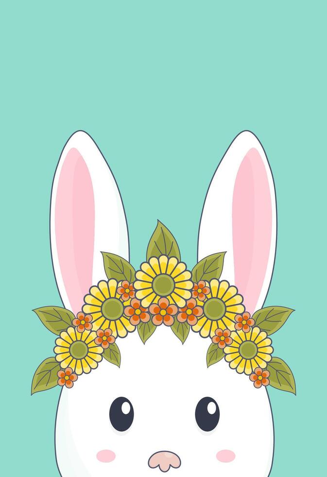White rabbit with flower crown illustration.Easter bunny on pastel green background. Spring wallpaper. vector
