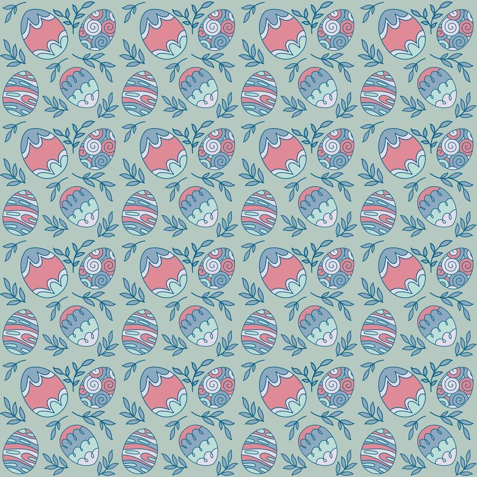 Seamless pattern with Easter eggs and foliages on green background. vector
