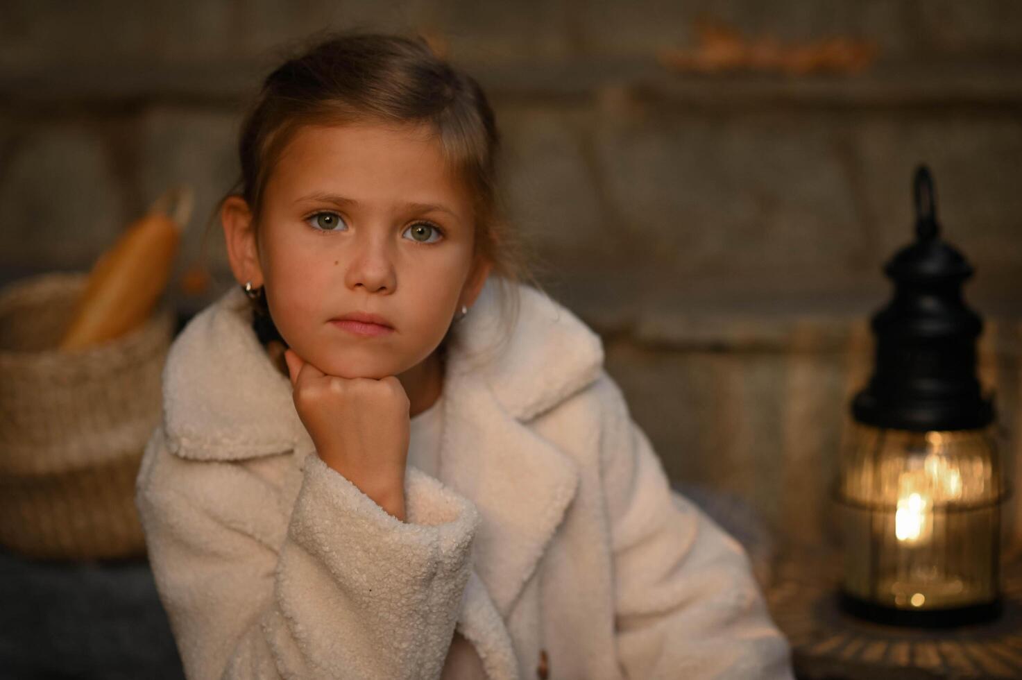 Dressed in a white coat, a girl walks through the quiet countryside with a basket of bread and a glowing lantern, her expression calm and thoughtful as she embraces the peaceful moment. photo